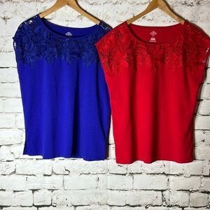 Women’s red and blue lace design cap sleeve tops L
